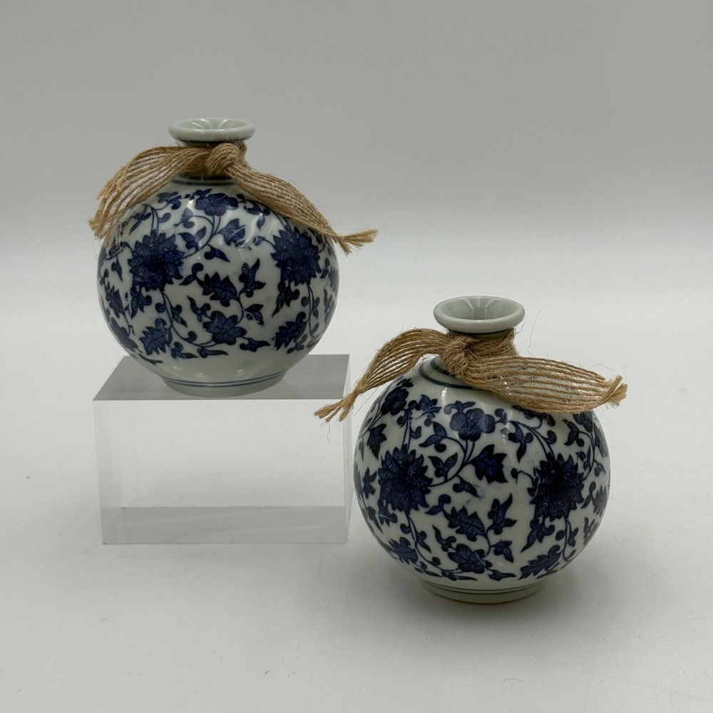 Blue and White Floral Ceramic Bud Vases Set of 2 Mini Round Chinoiserie Decor